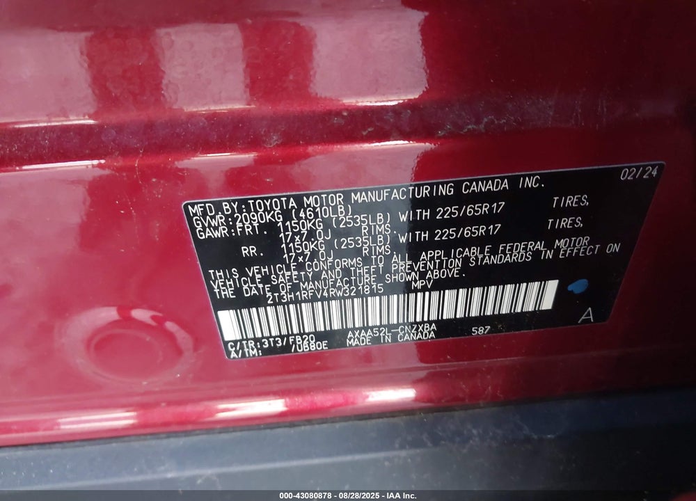 2024 TOYOTA RAV4 VIN: 2T3H1RFV4RW321815