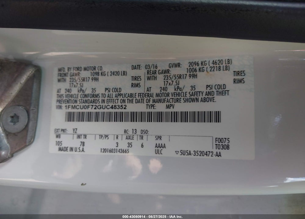 2016 FORD ESCAPE S VIN: 1FMCU0F72GUC48352