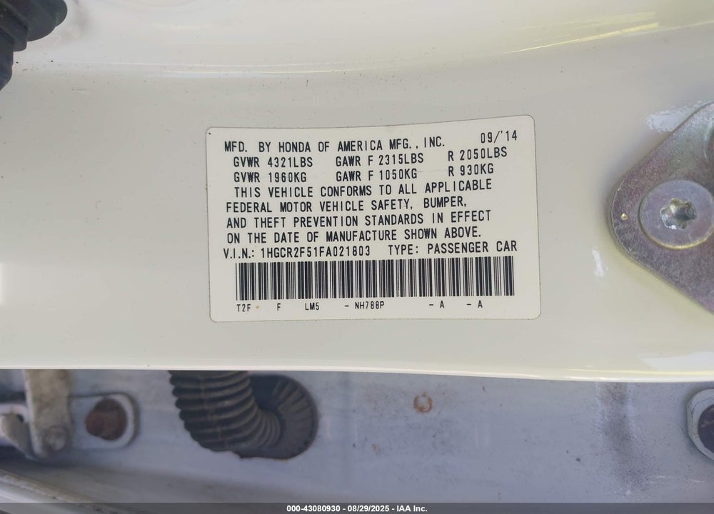 2015 HONDA ACCORD VIN: 1HGCR2F51FA021803