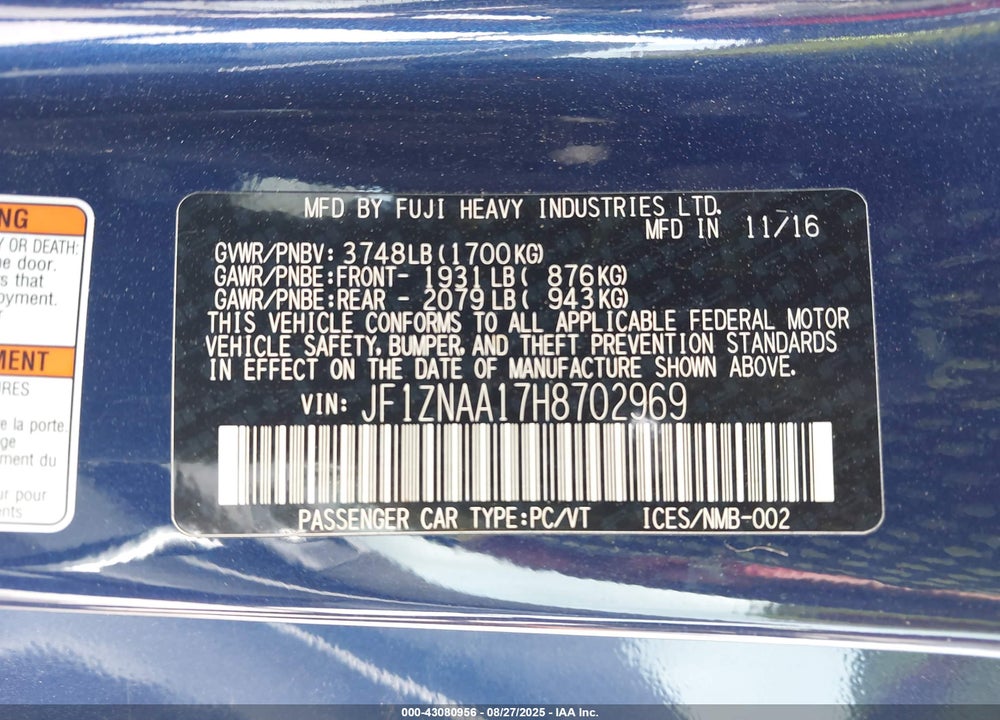 2017 TOYOTA GR 86 VIN: JF1ZNAA17H8702969