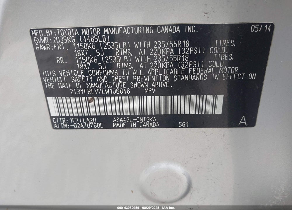 2014 TOYOTA RAV4 VIN: 2T3YFREV7EW106846