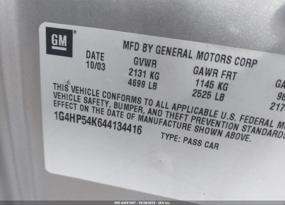 2004 BUICK LESABRE CUSTOM VIN: 1G4HP54K644134416