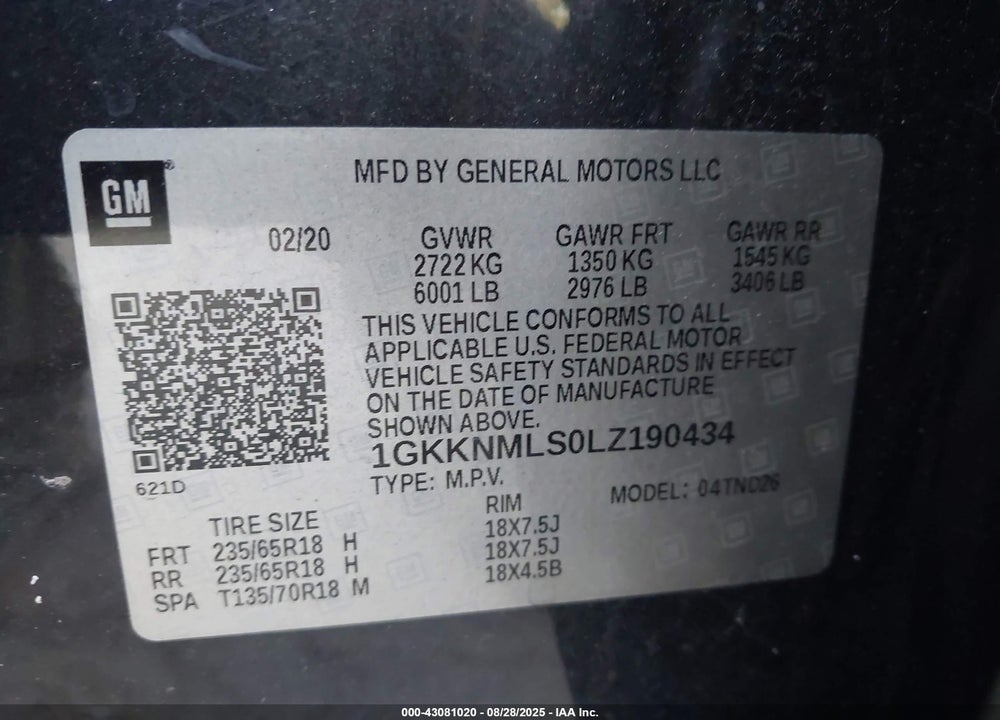 2020 GMC ACADIA VIN: 1GKKNMLS0LZ190434