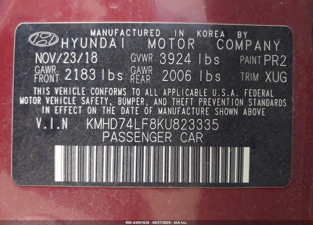 2019 HYUNDAI ELANTRA VIN: KMHD74LF8KU823335