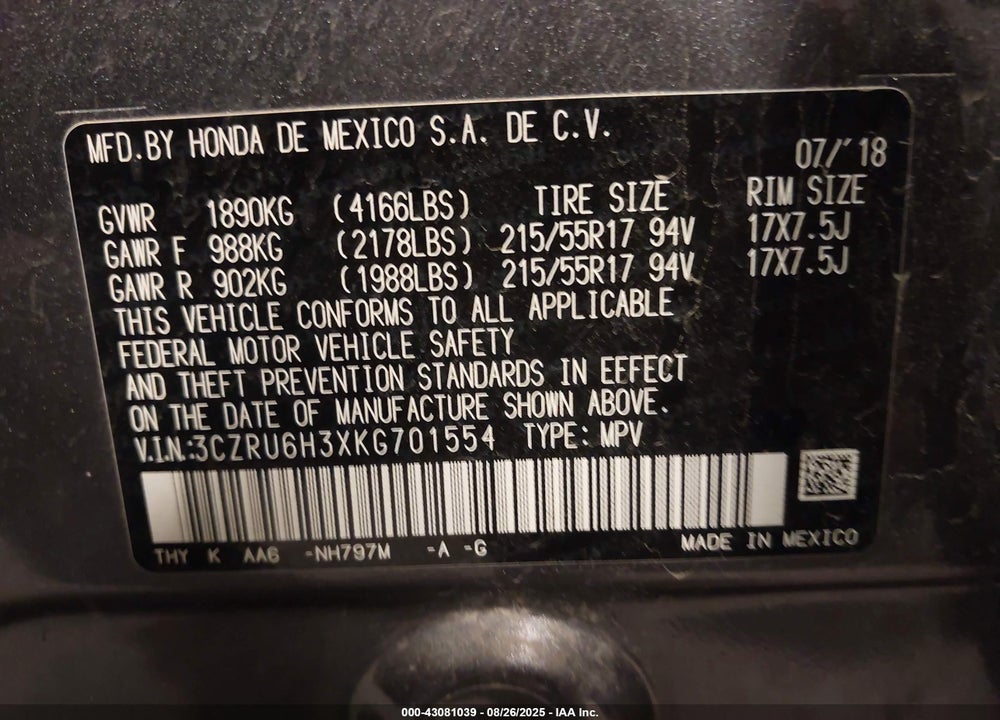 2019 HONDA HR-V VIN: 3CZRU6H3XKG701554