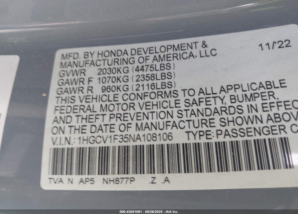 2022 HONDA ACCORD VIN: 1HGCV1F35NA108106