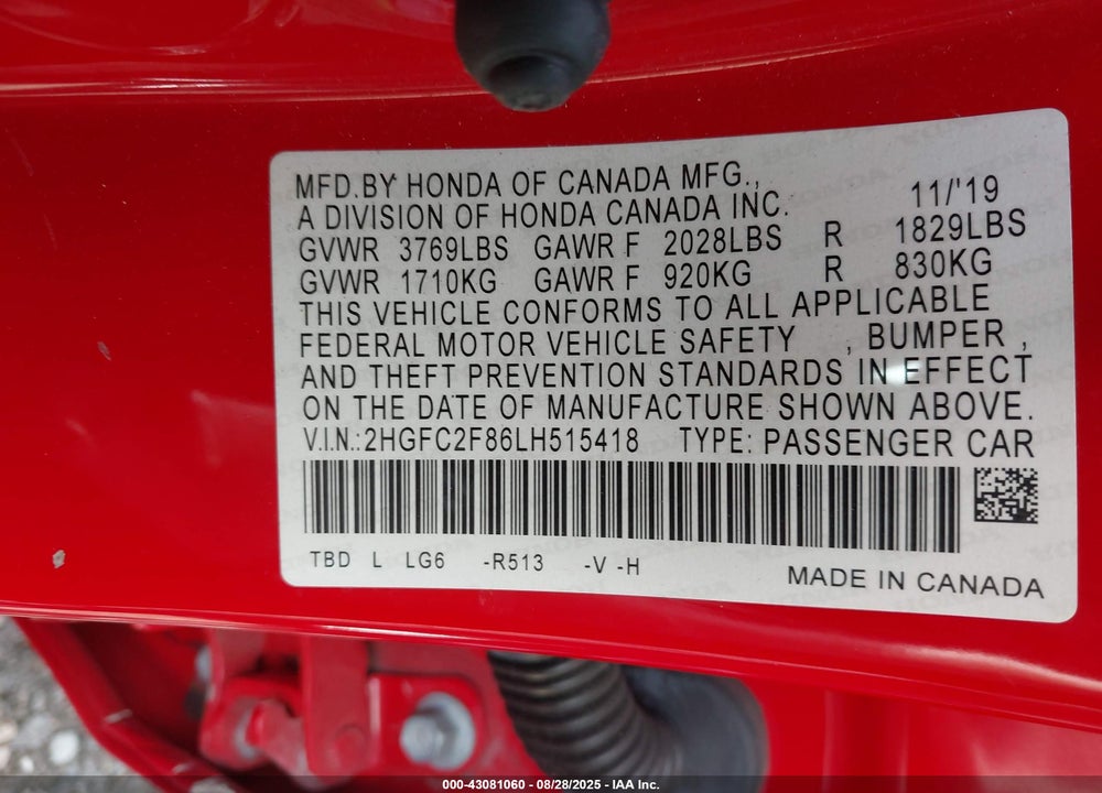 2020 HONDA CIVIC VIN: 2HGFC2F86LH515418
