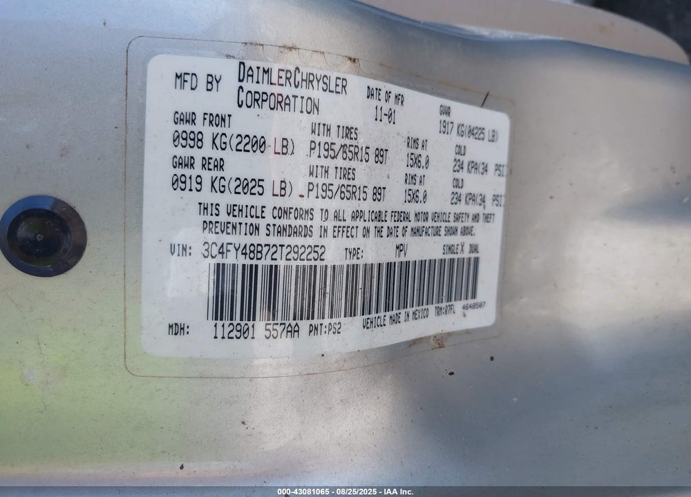 2002 CHRYSLER PT CRUISER VIN: 3C4FY48B72T292252