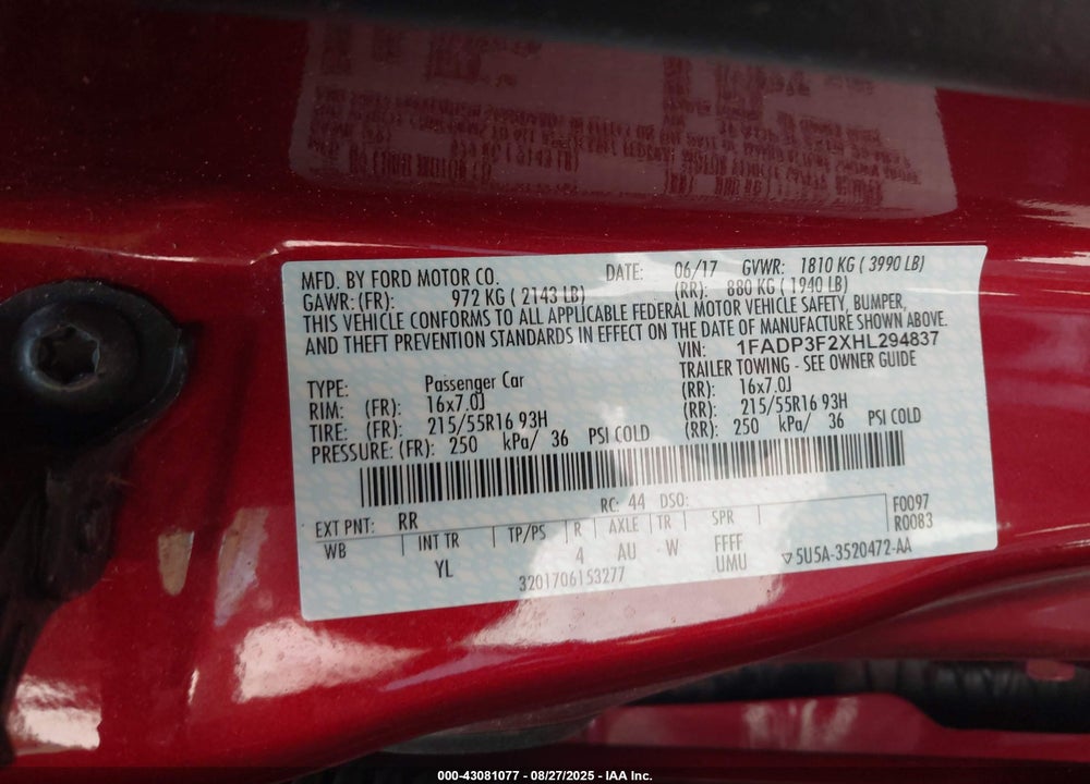2017 FORD FOCUS VIN: 1FADP3F2XHL294837