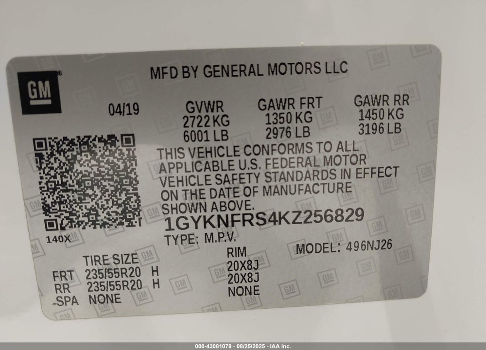 2019 CADILLAC XT5 VIN: 1GYKNFRS4KZ256829
