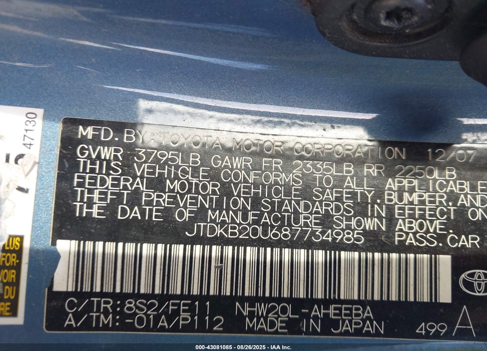 2008 TOYOTA PRIUS VIN: JTDKB20U687734985
