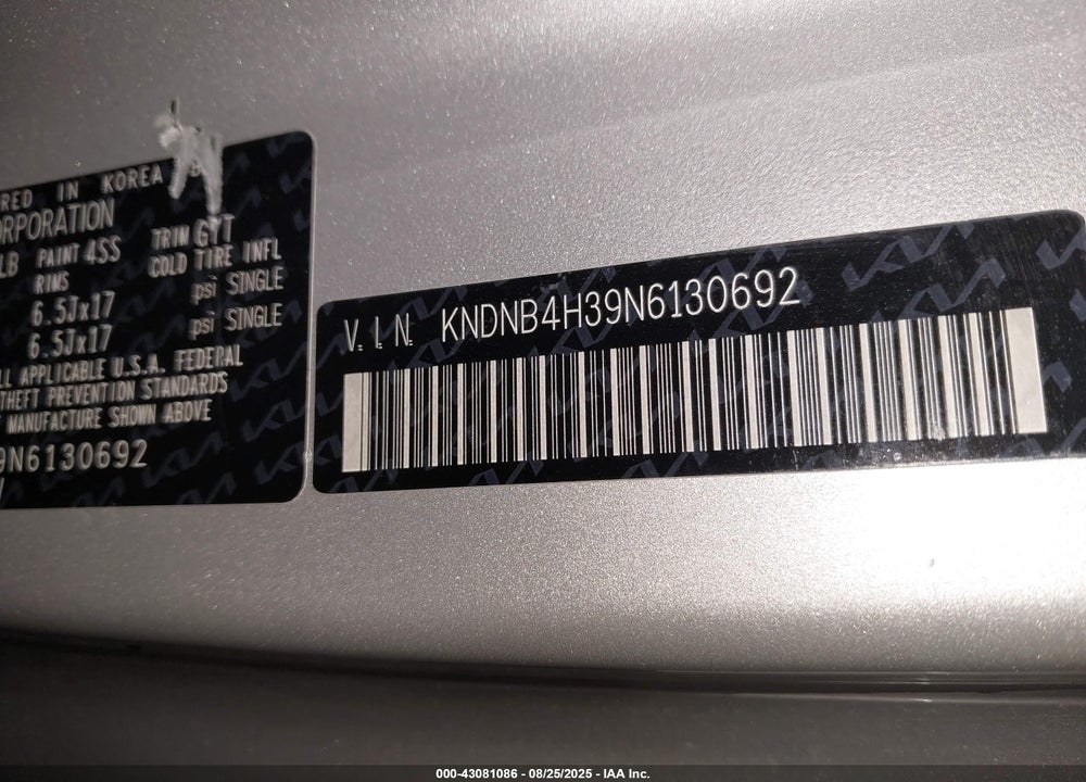 2022 KIA CARNIVAL MPV LX SEAT PACKAGE VIN: KNDNB4H39N6130692
