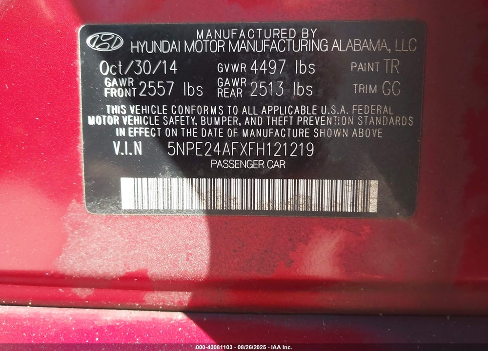 2015 HYUNDAI SONATA VIN: 5NPE24AFXFH121219