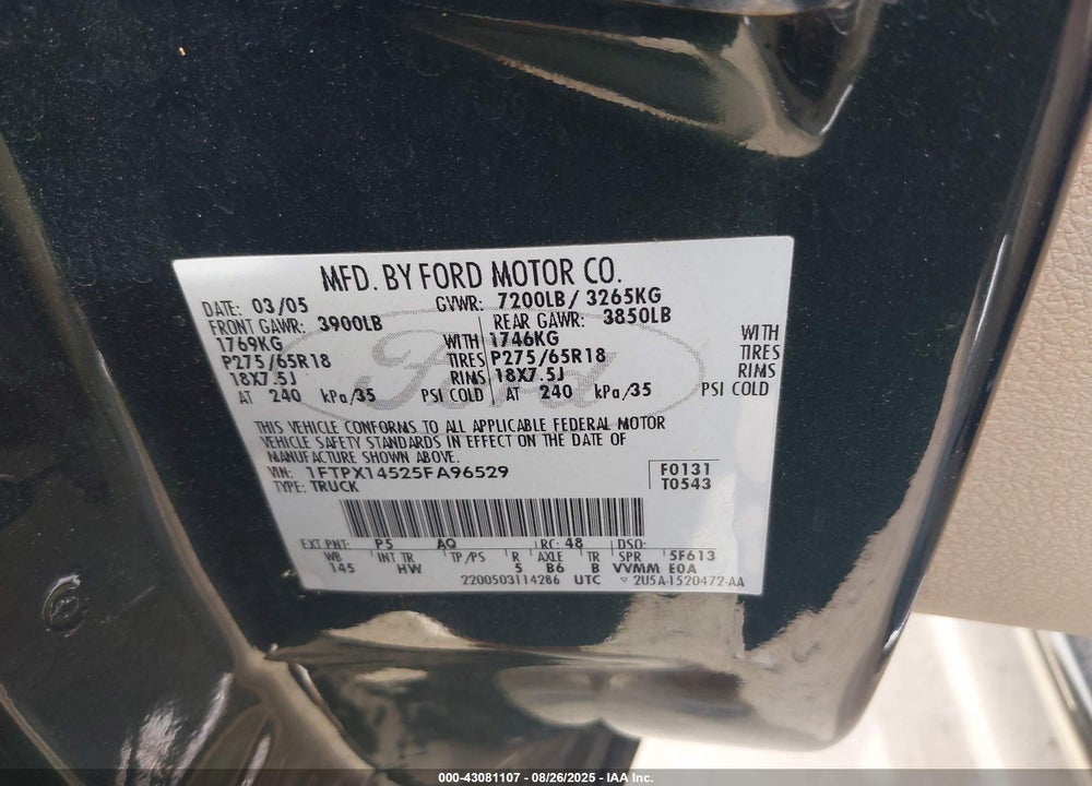 2005 FORD F-150 FX4/LARIAT/XL/XLT VIN: 1FTPX14525FA96529