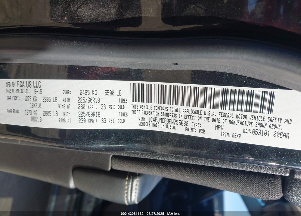 2015 JEEP CHEROKEE VIN: 1C4PJMCB3FW755830