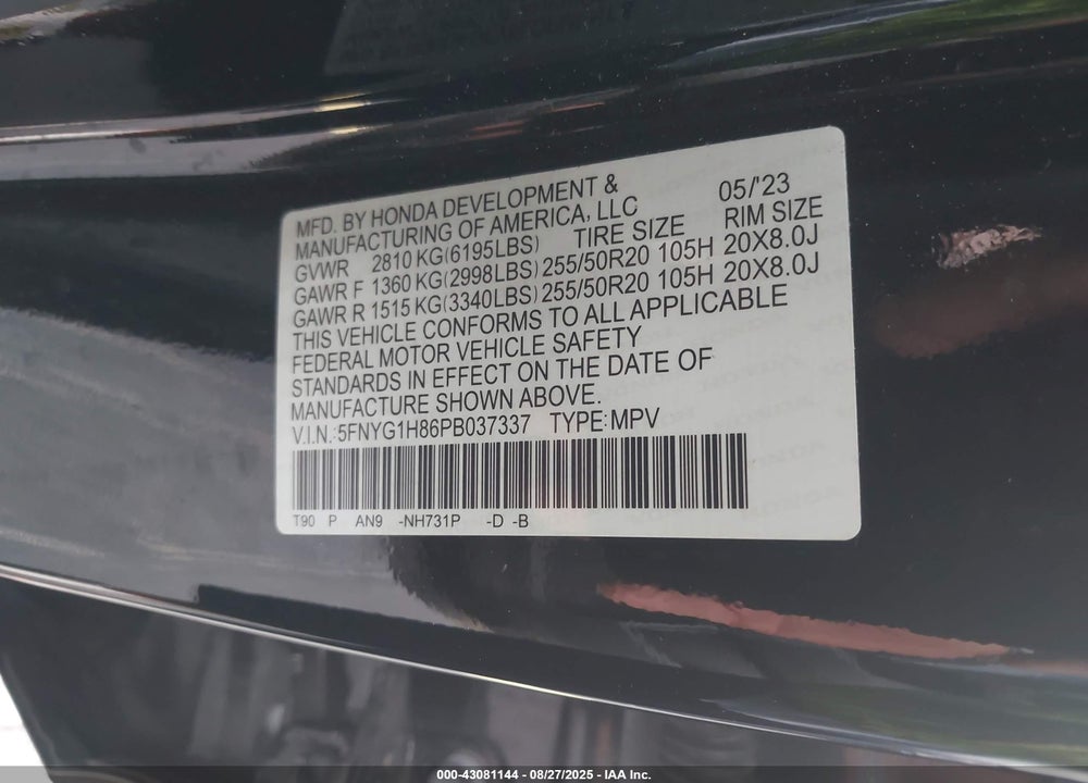 2023 HONDA PILOT AWD ELITE VIN: 5FNYG1H86PB037337