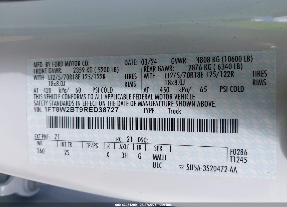 2024 FORD F-250 XLT VIN: 1FT8W2BT9RED38727