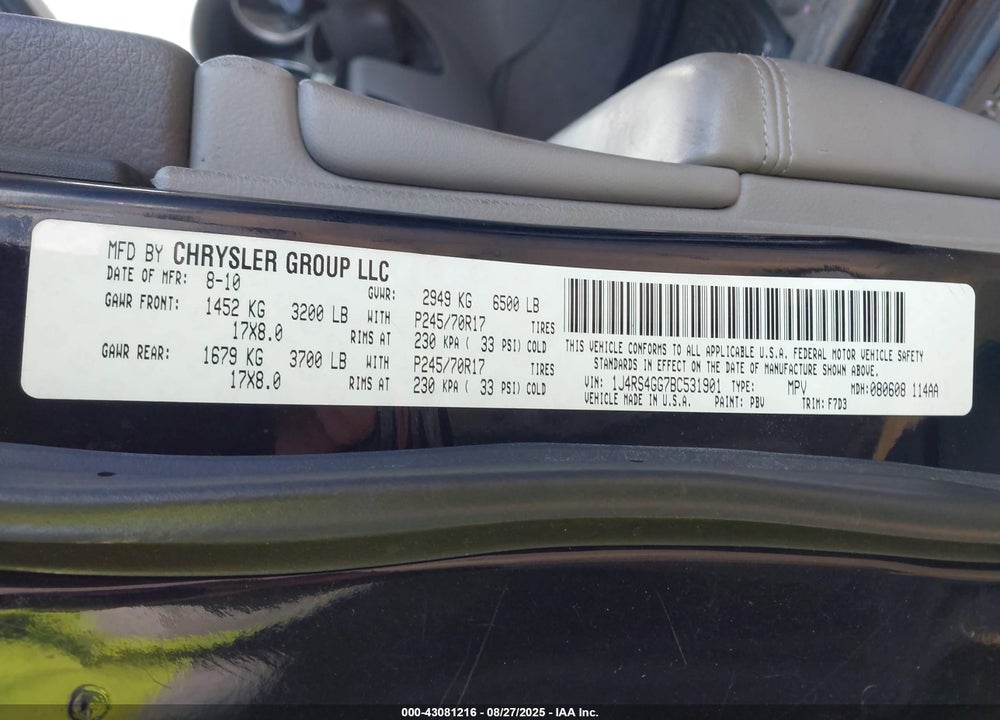 2011 JEEP GRAND CHEROKEE VIN: 1J4RS4GG7BC531901