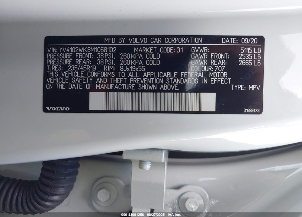 2021 VOLVO V60 CROSS COUNTRY VIN: YV4102WK8M1068102