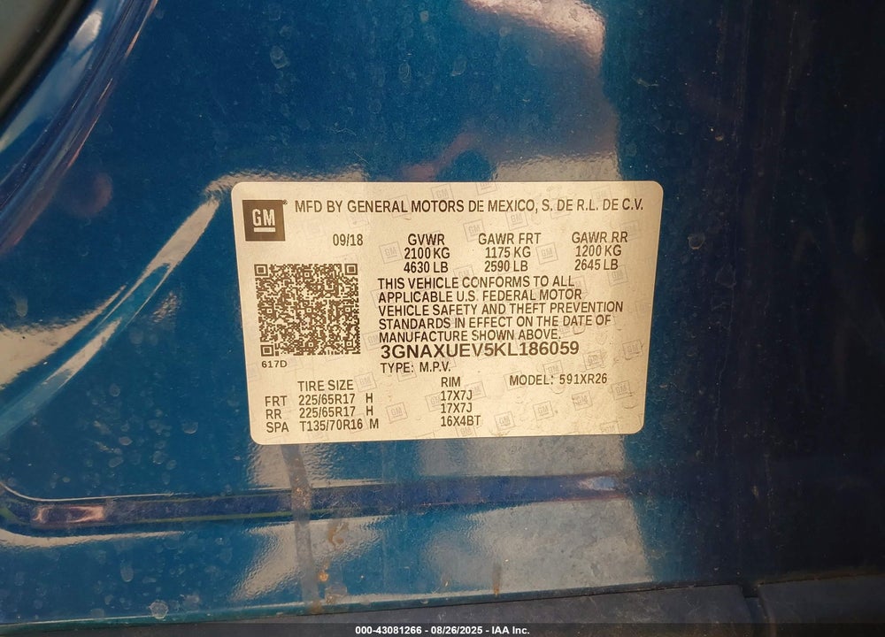 2019 CHEVROLET EQUINOX VIN: 3GNAXUEV5KL186059