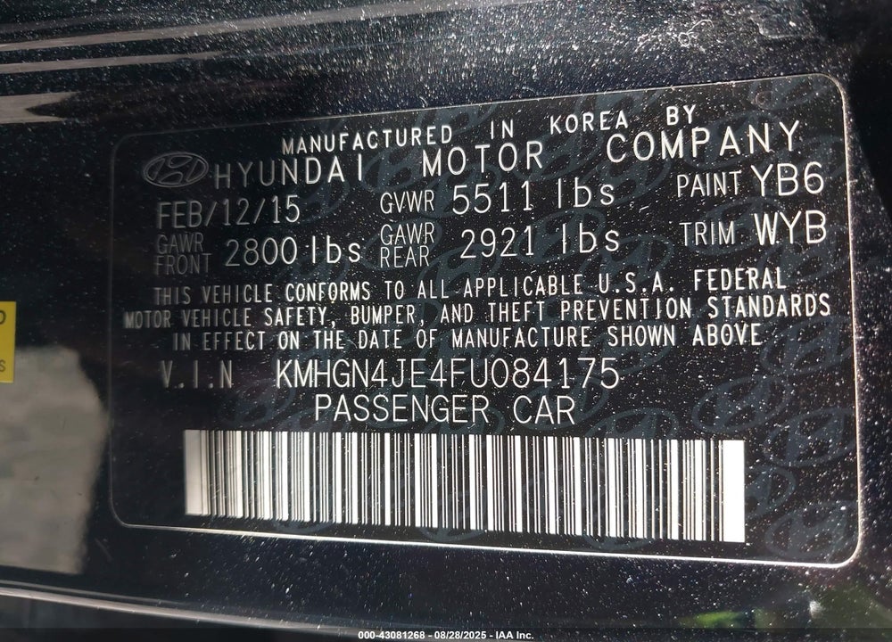2015 HYUNDAI GENESIS VIN: KMHGN4JE4FU084175