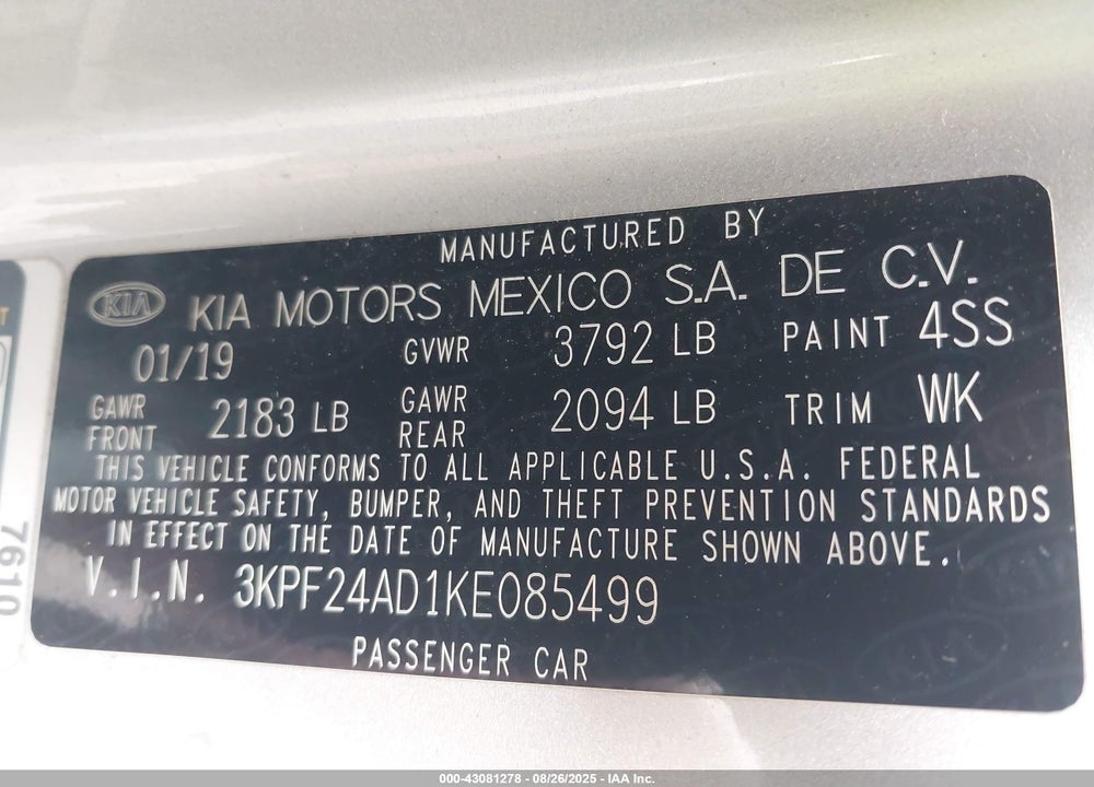 2019 KIA FORTE VIN: 3KPF24AD1KE085499