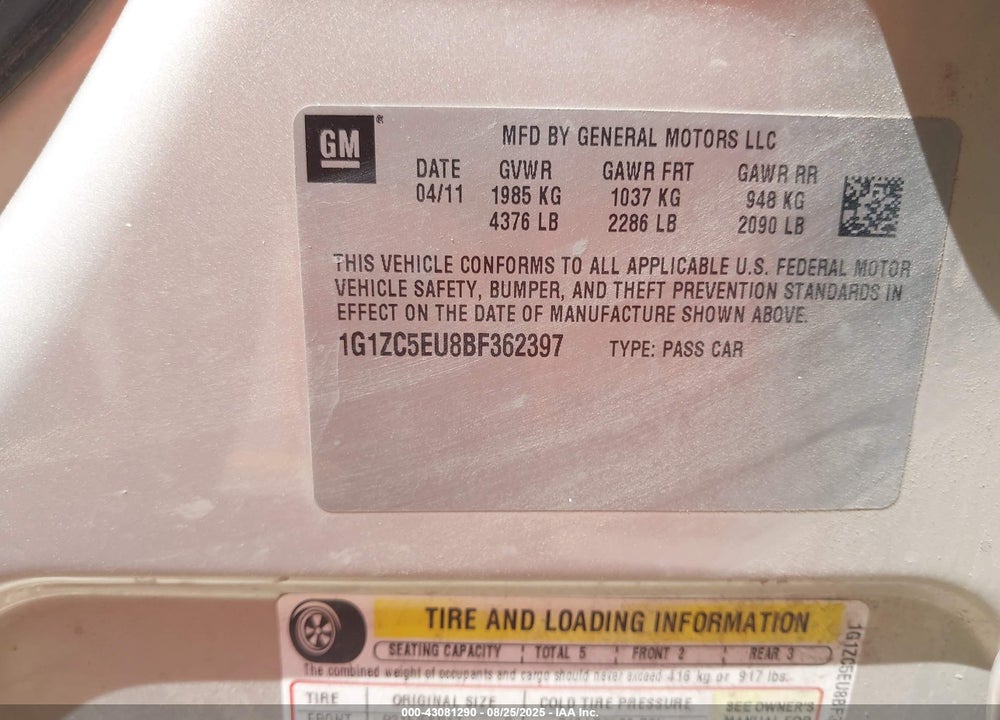 2011 CHEVROLET MALIBU 1LT VIN: 1G1ZC5EU8BF362397