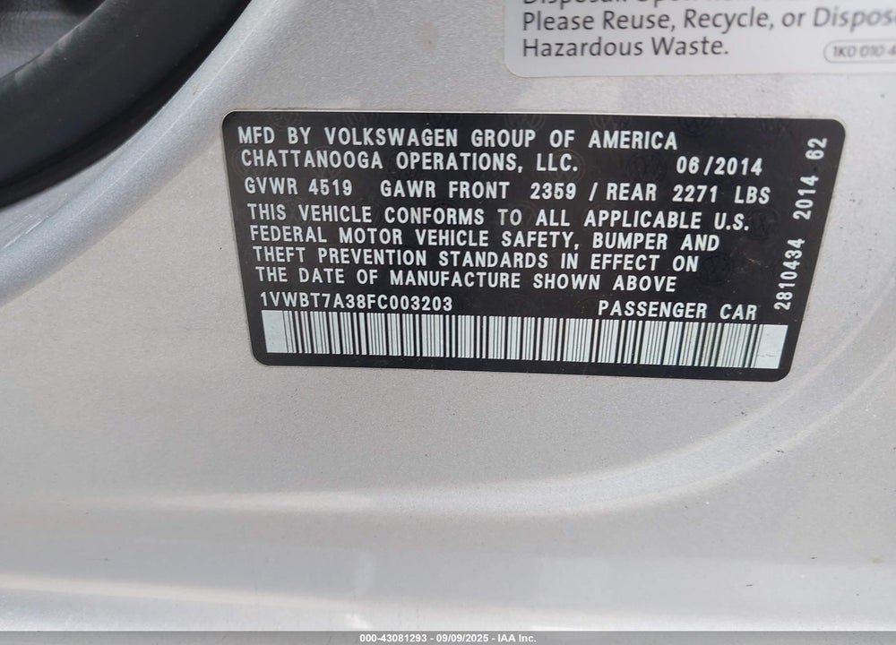 2015 VOLKSWAGEN PASSAT VIN: 1VWBT7A38FC003203