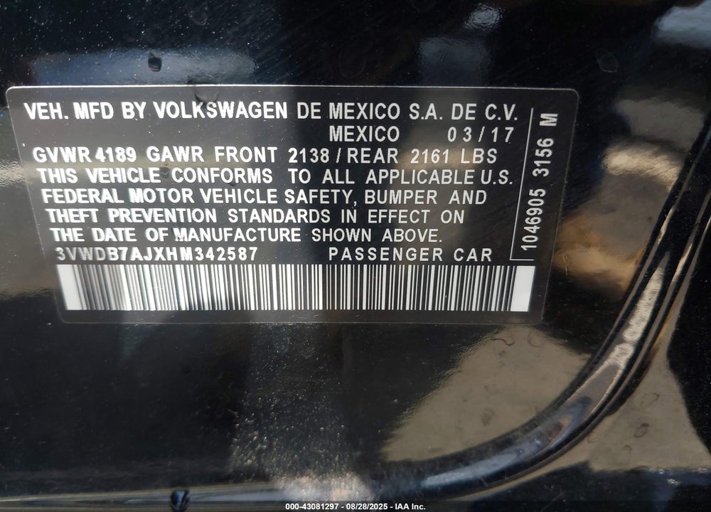 2017 VOLKSWAGEN JETTA VIN: 3VWDB7AJXHM342587
