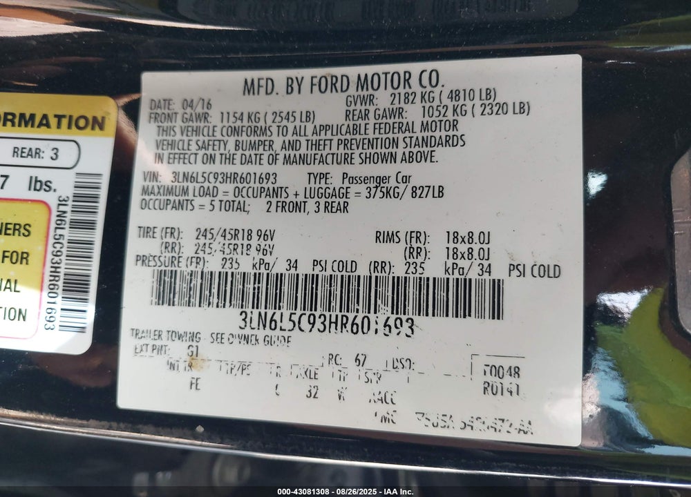 2017 LINCOLN MKZ VIN: 3LN6L5C93HR601693