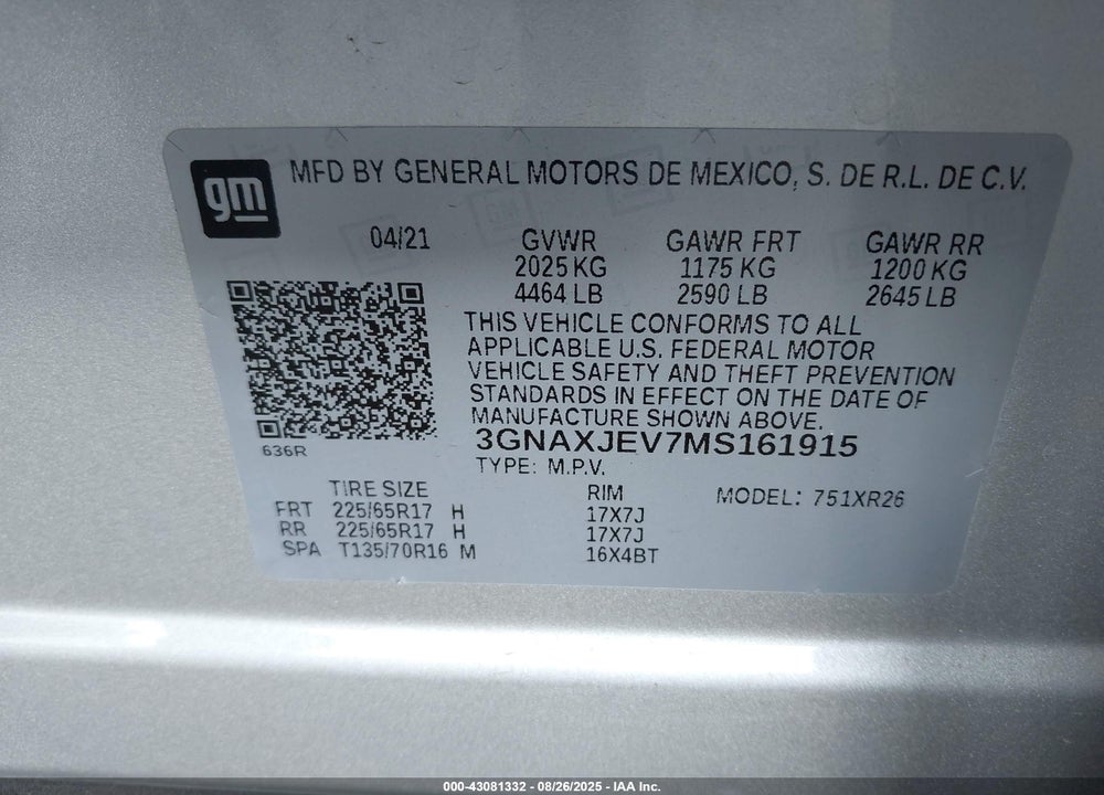 2021 CHEVROLET EQUINOX VIN: 3GNAXJEV7MS161915