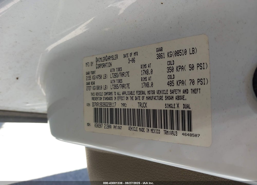 2006 DODGE RAM 1500 SLT VIN: 3D7KR19D26G239117
