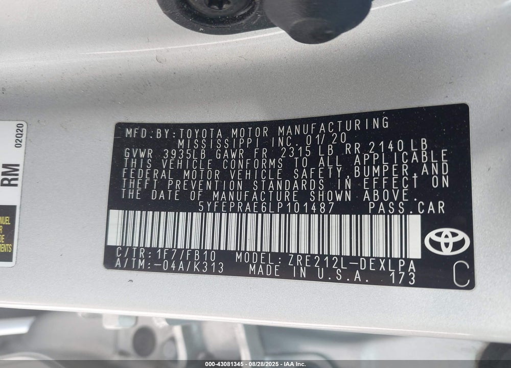 2020 TOYOTA COROLLA LE VIN: 5YFEPRAE6LP101487