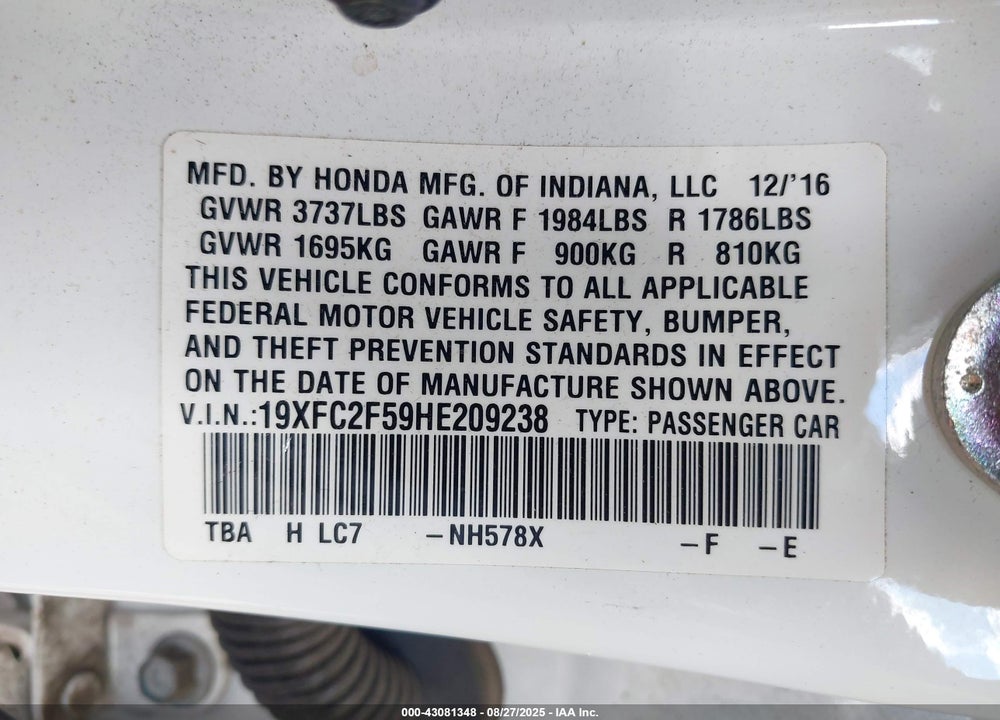 2017 HONDA CIVIC VIN: 19XFC2F59HE209238