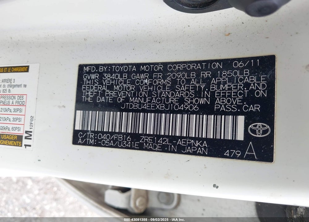 2011 TOYOTA COROLLA VIN: JTDBU4EEXBJ104906