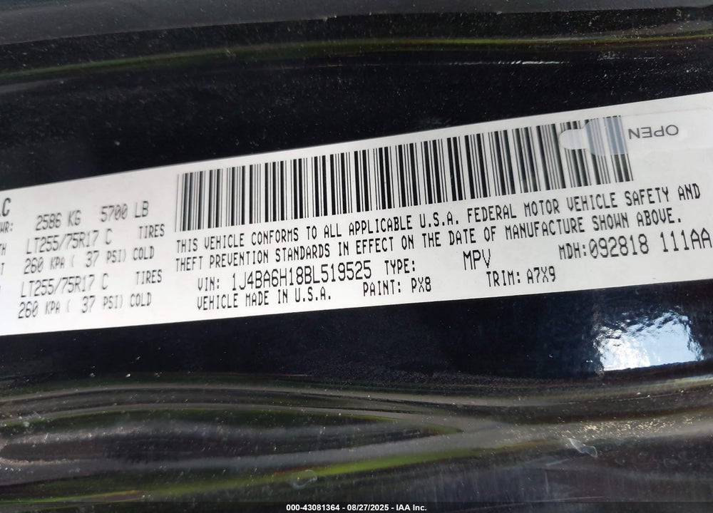2011 JEEP WRANGLER UNLIMITED VIN: 1J4BA6H18BL519525