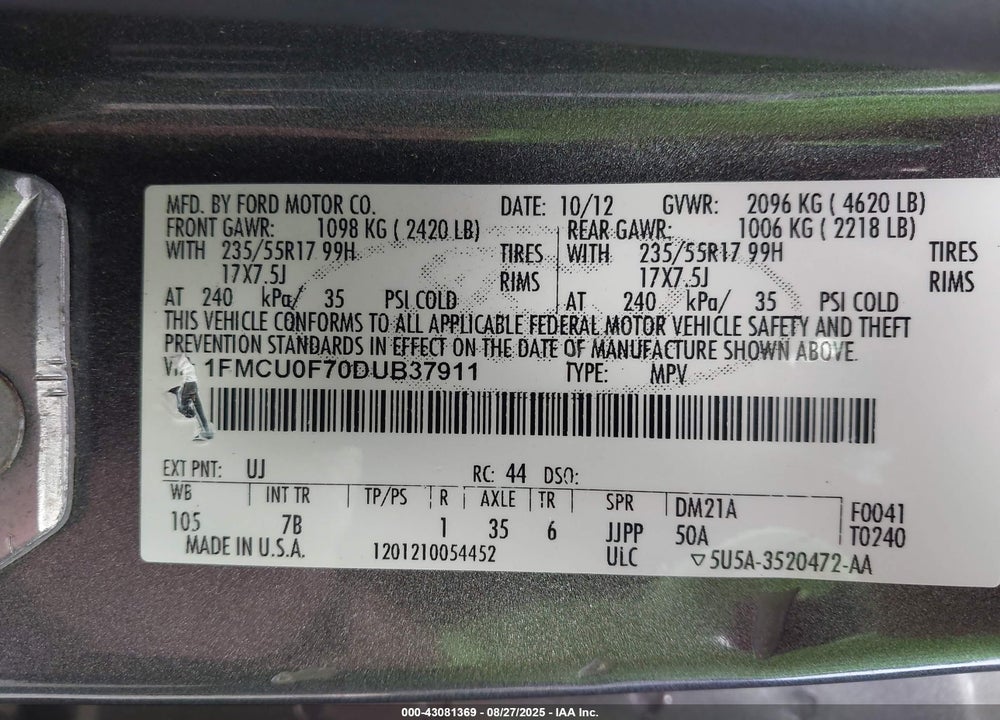2013 FORD ESCAPE VIN: 1FMCU0F70DUB37911