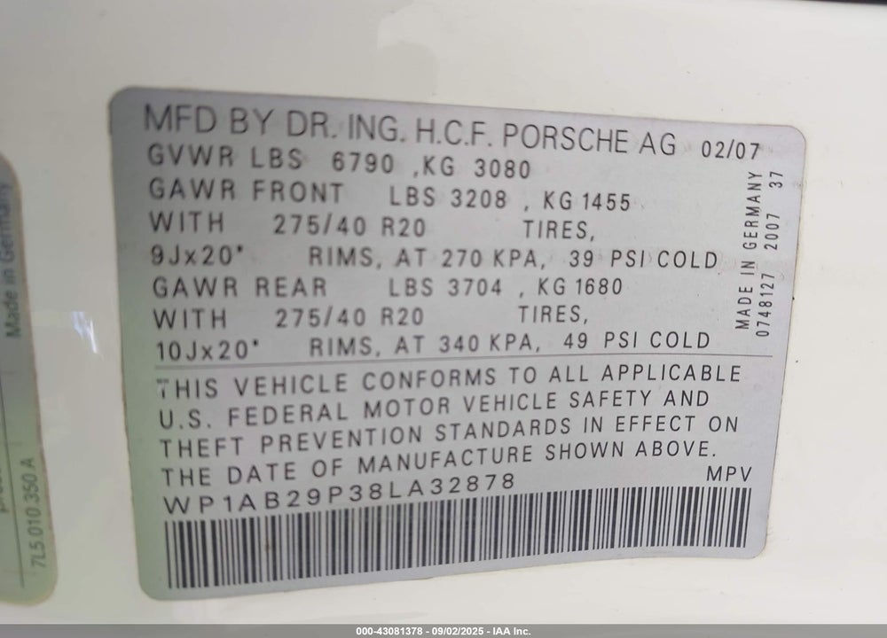 2008 PORSCHE CAYENNE VIN: WP1AB29P38LA32878