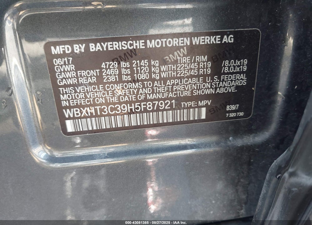 2017 BMW X1 VIN: WBXHT3C39H5F87921
