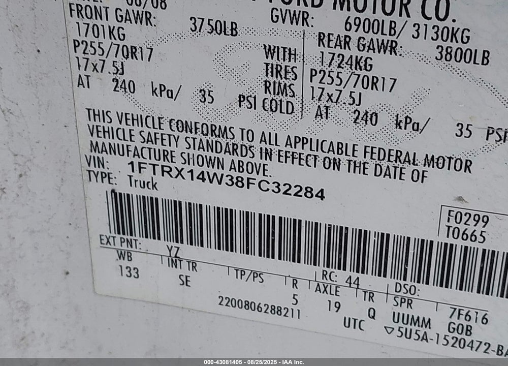 2008 FORD F-150 STX/XL/XLT VIN: 1FTRX14W38FC32284