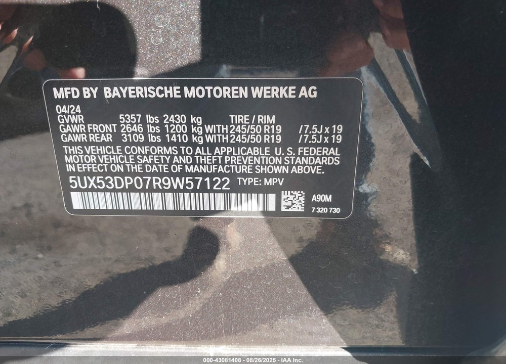 2024 BMW X3 VIN: 5UX53DP07R9W57122