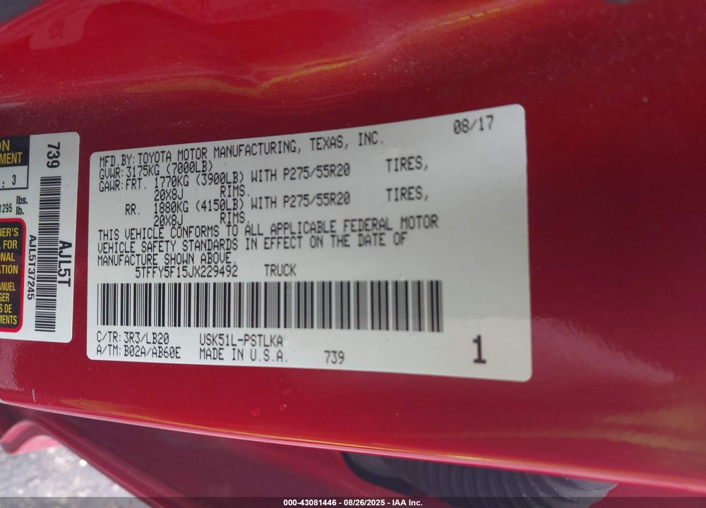 2018 TOYOTA TUNDRA VIN: 5TFFY5F15JX229492