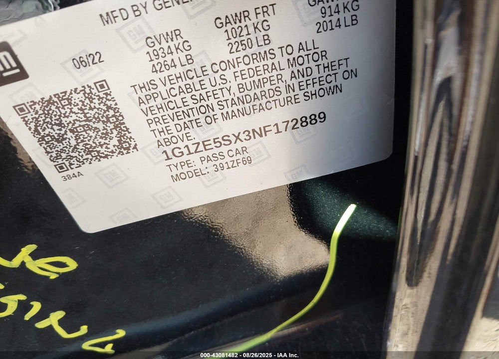 2022 CHEVROLET MALIBU FWD PREMIER VIN: 1G1ZE5SX3NF172889