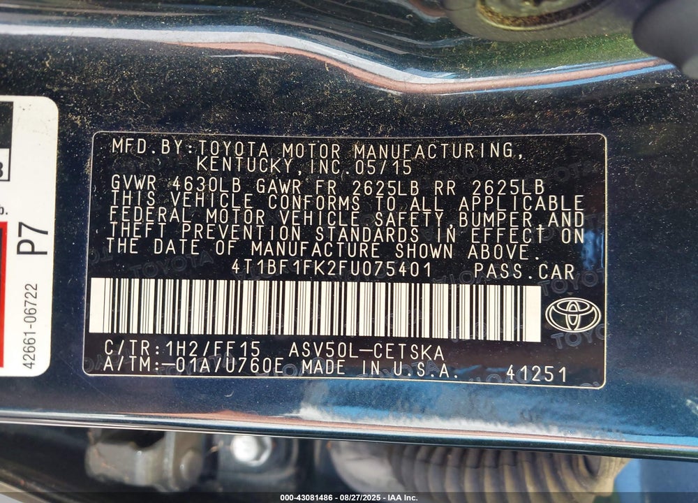 2015 TOYOTA CAMRY VIN: 4T1BF1FK2FU075401