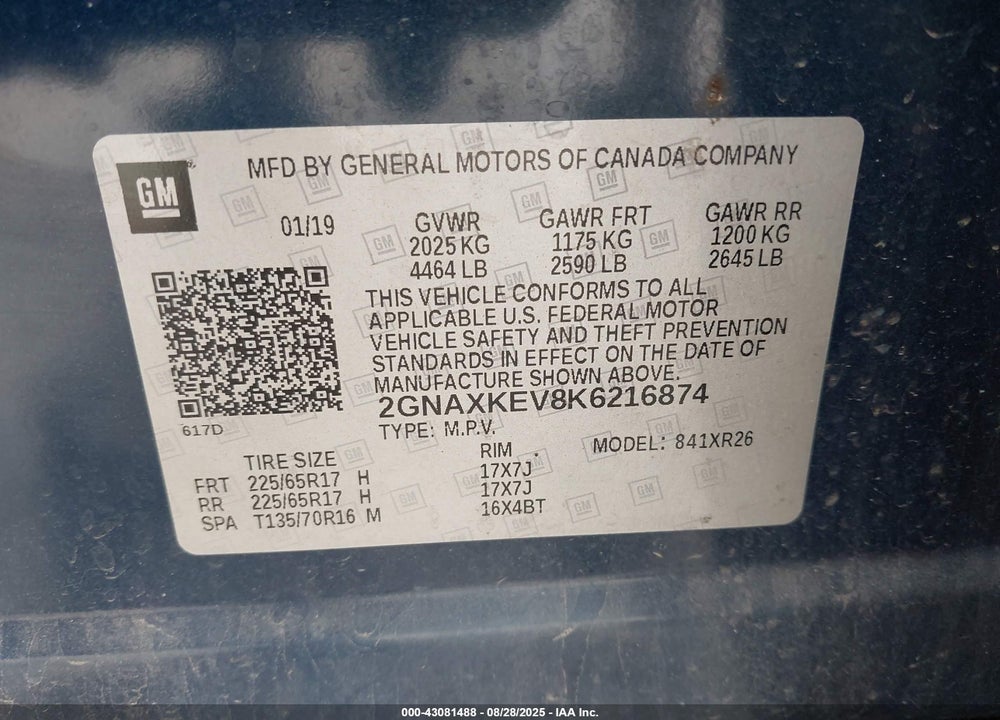 2019 CHEVROLET EQUINOX VIN: 2GNAXKEV8K6216874