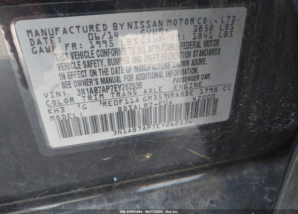 2014 NISSAN SENTRA VIN: 3N1AB7AP7EY262536