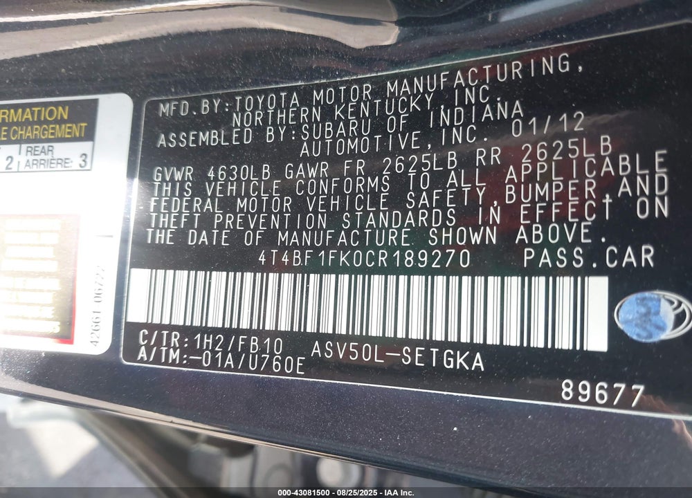 2012 TOYOTA CAMRY VIN: 4T4BF1FK0CR189270