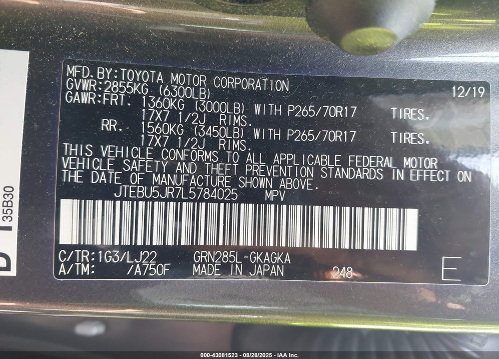 2020 TOYOTA 4RUNNER VIN: JTEBU5JR7L5784025