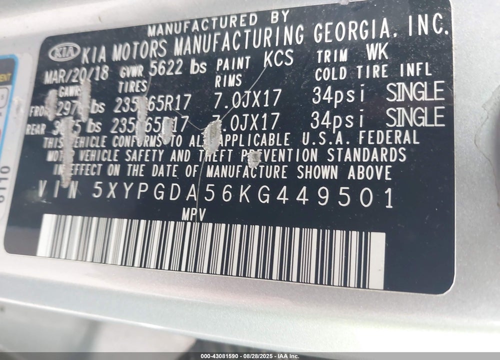 2019 KIA SORENTO VIN: 5XYPGDA56KG449501