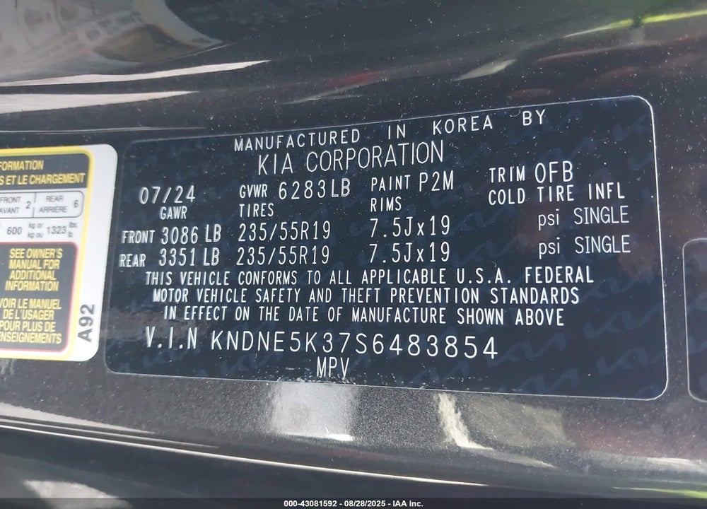 2025 KIA CARNIVAL MPV SX VIN: KNDNE5K37S6483854
